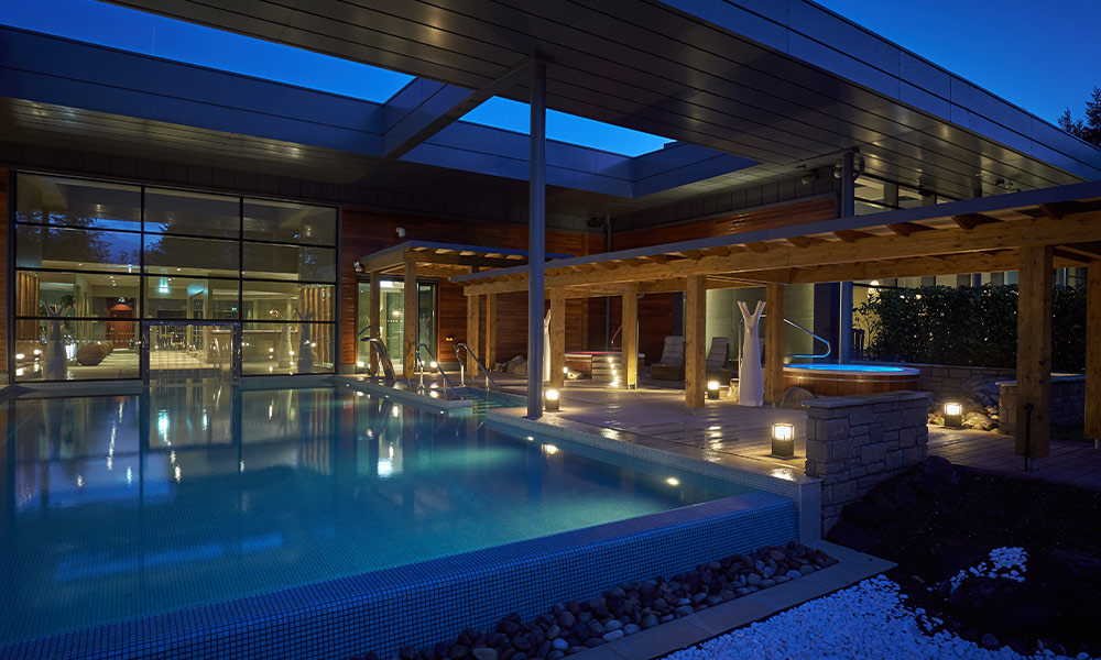 Outdoor pool in the evening.