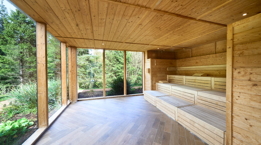 Nordic Sauna with views out to the surrounding forest.