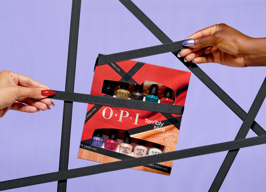 OPI nail polish gift set suspended by ribbons.