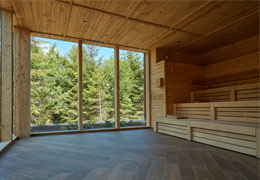 wooden sauna with view of forest