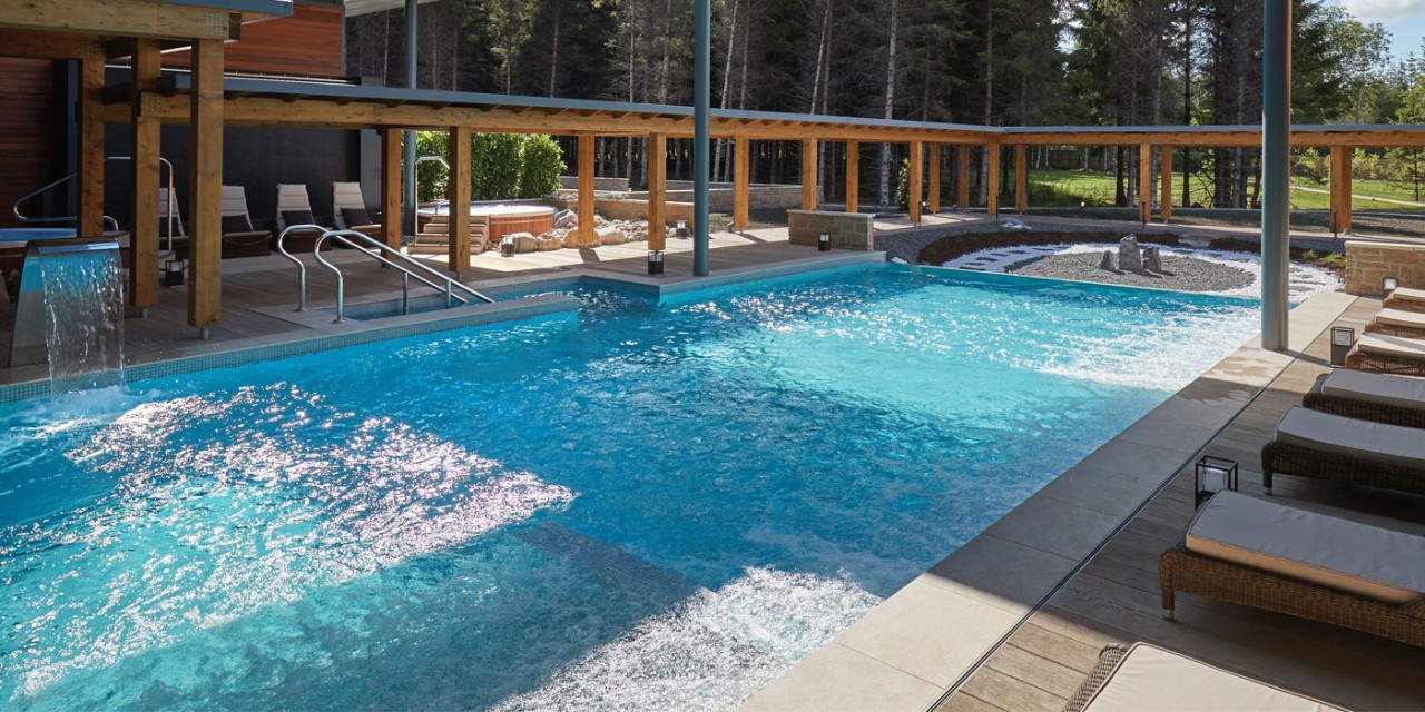 outdoor pool with loungers overlooking forest
