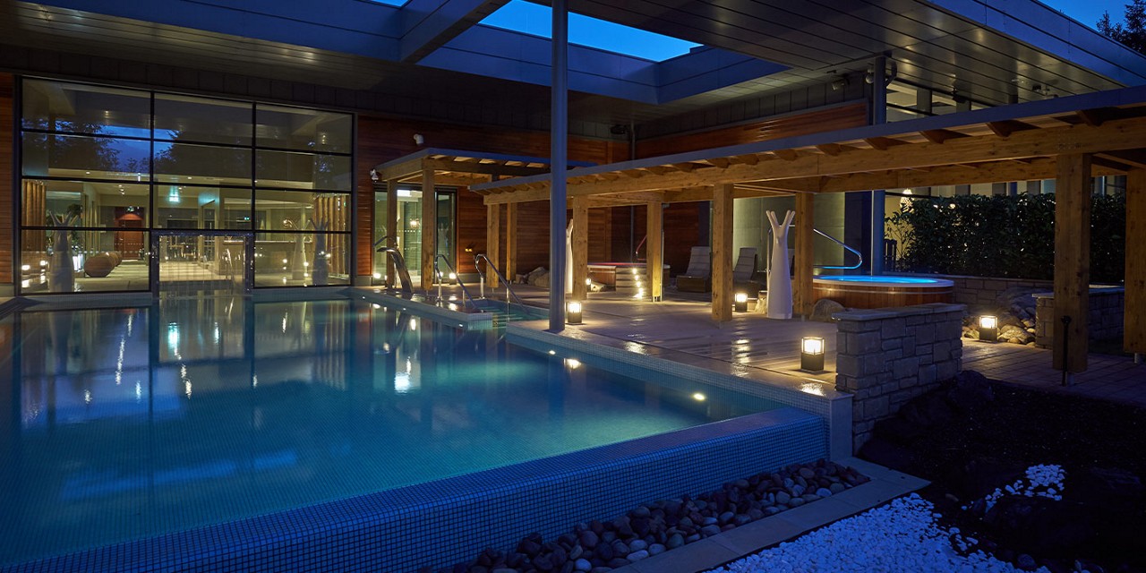Outdoor pool in the evening.