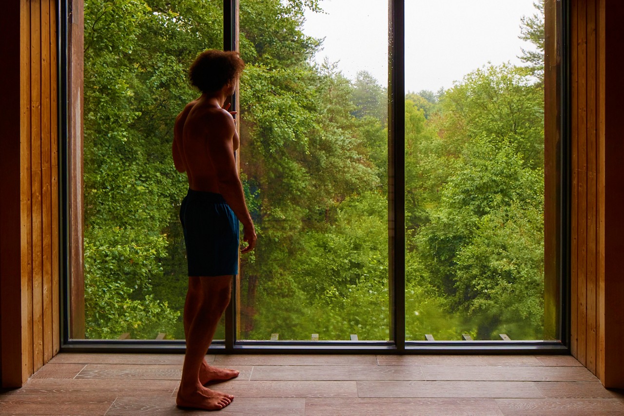 Man stood admiring the views of the forest from inside the Treetop Sauna.