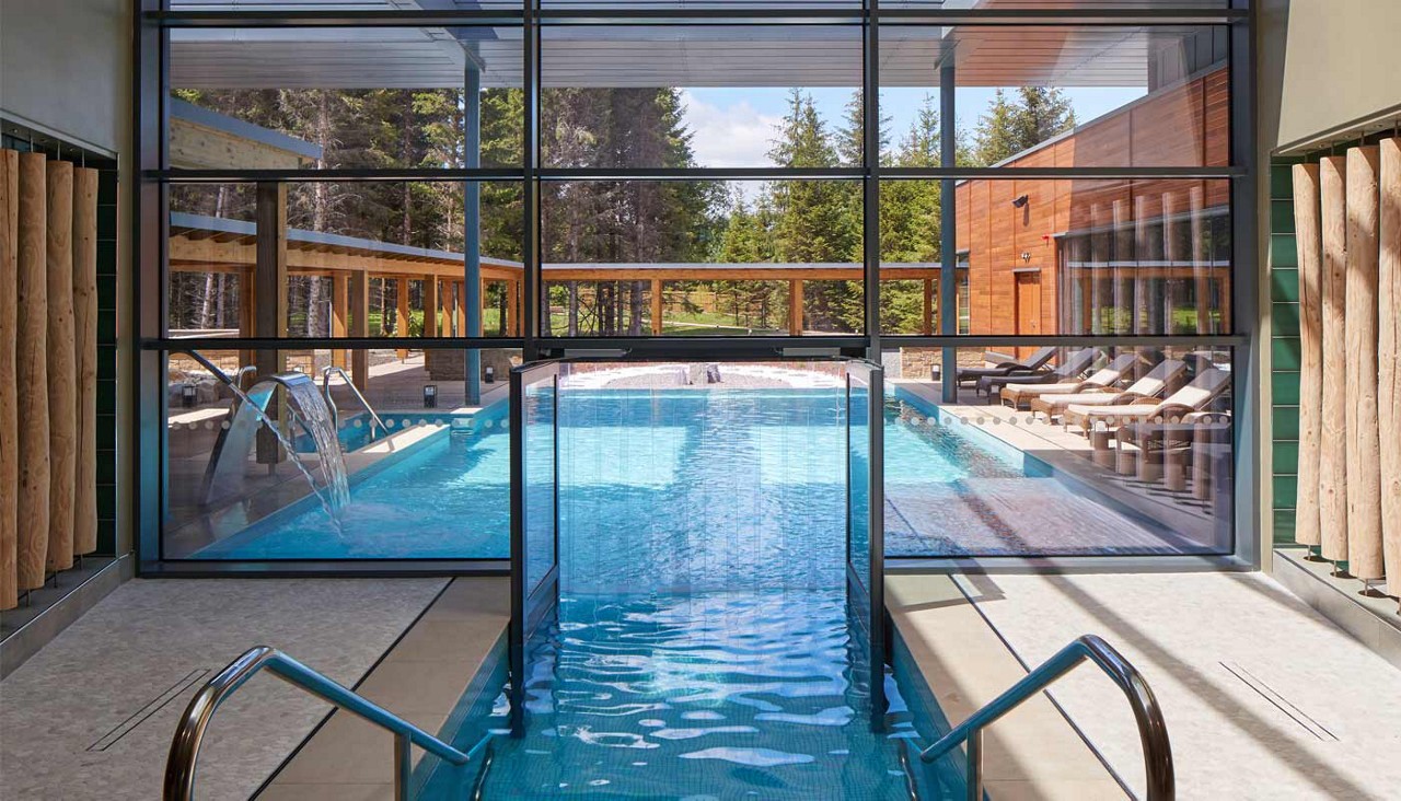Steps down to an Outdoor Pool surrounded by lounge seating.