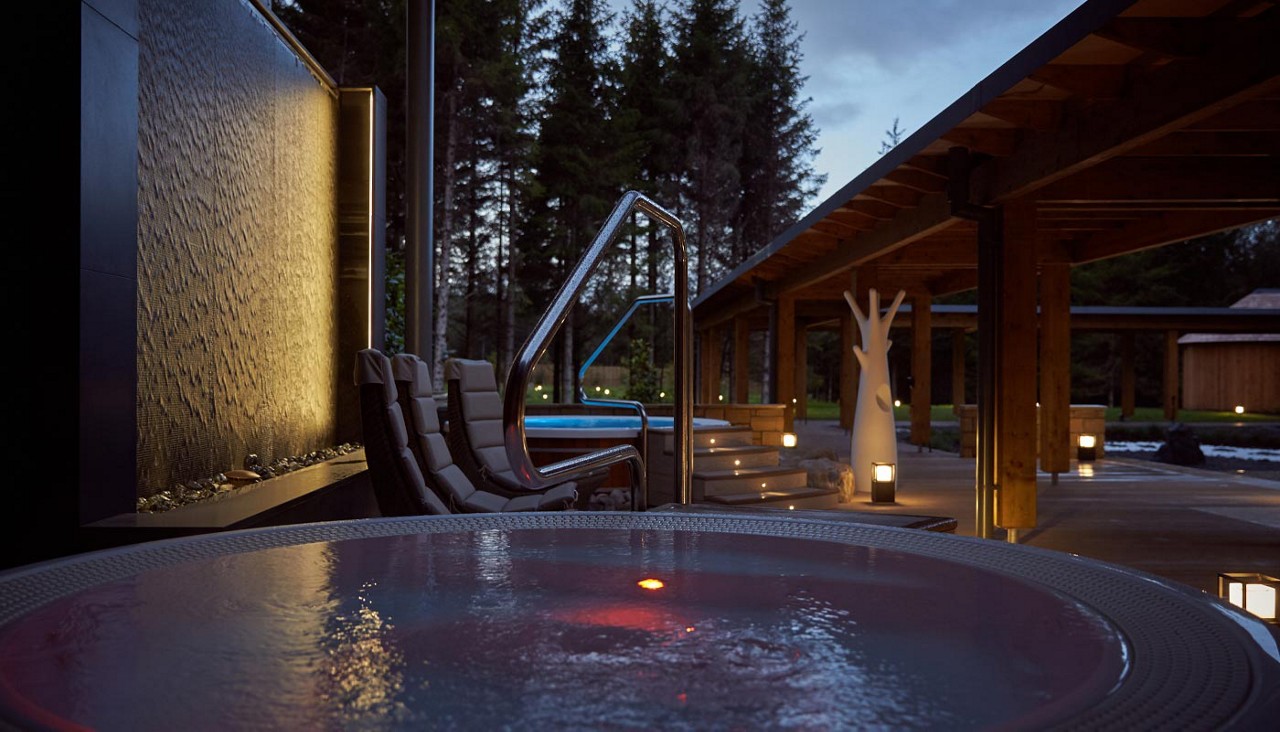 Outdoor hot tub in the evening.